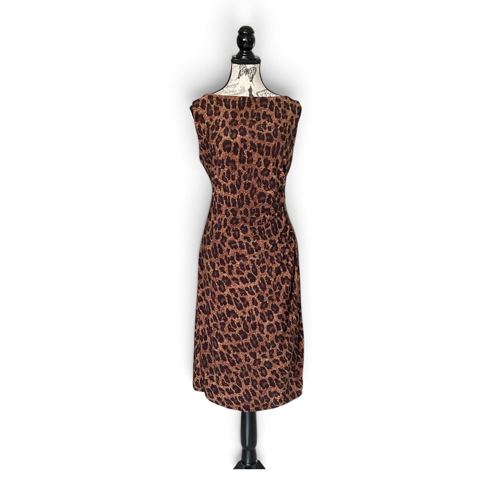 Lauren Ralph Lauren Dress Women 10 Brown Leopard Ruched Sheath Sleeveless Knee
